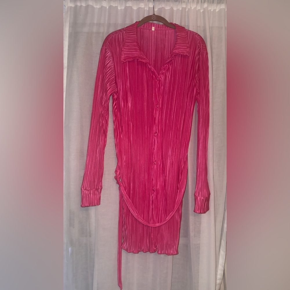 Barbiecore Satin-Look Pleated Shirt Dress Y2K Metallic Hot Pink Sz Small